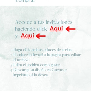 Puede incluir: Un fondo azul claro con texto blanco que dice "Gracias por su compra!" y "JTBcreations". El texto "Accede a tus invitaciones haciendo click Aqui y Aqui" est&aacute; en rojo con flechas apuntando hacia la izquierda. El texto debajo dice "1. Haga click ambos enlaces de arriba 2.El enlace lo llevar&aacute; a la p&aacute;gina para editar el archivo 3. Edita el archivo como guste 4. Descarga su dise&ntilde;o en Canvas e impr&iacute;malo si lo desea"