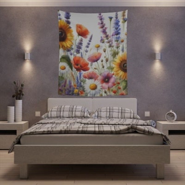 Watercolor Wildflowers Tapestry - Colorful Floral Fabric Wall Hanging - English Garden Flowers - Nature Home Wall Décor - hanging tapestry