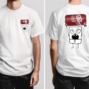 May include: White t-shirt featuring a cartoon character holding a Dr. Pepper can. The front of the shirt shows the character in a pocket design, while the back displays a larger version of the same design.