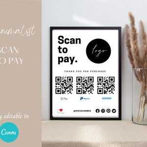 Numérisation modifiable minimaliste pour payer la connexion | Scannez pour payer le modèle Canva | Business QR Code Sign Scan To Pay | Scan modifiable pour payer la carte