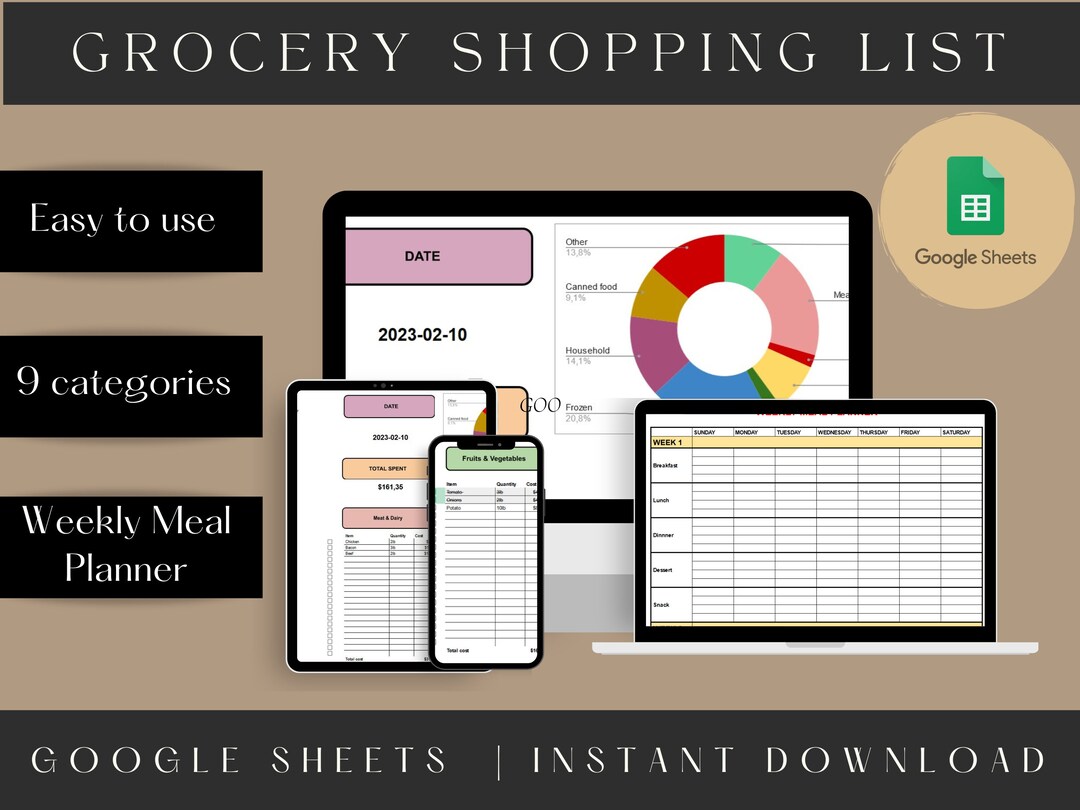 Grocery List and Meal Planner Google Sheet Spreadsheet | Shopping List ...