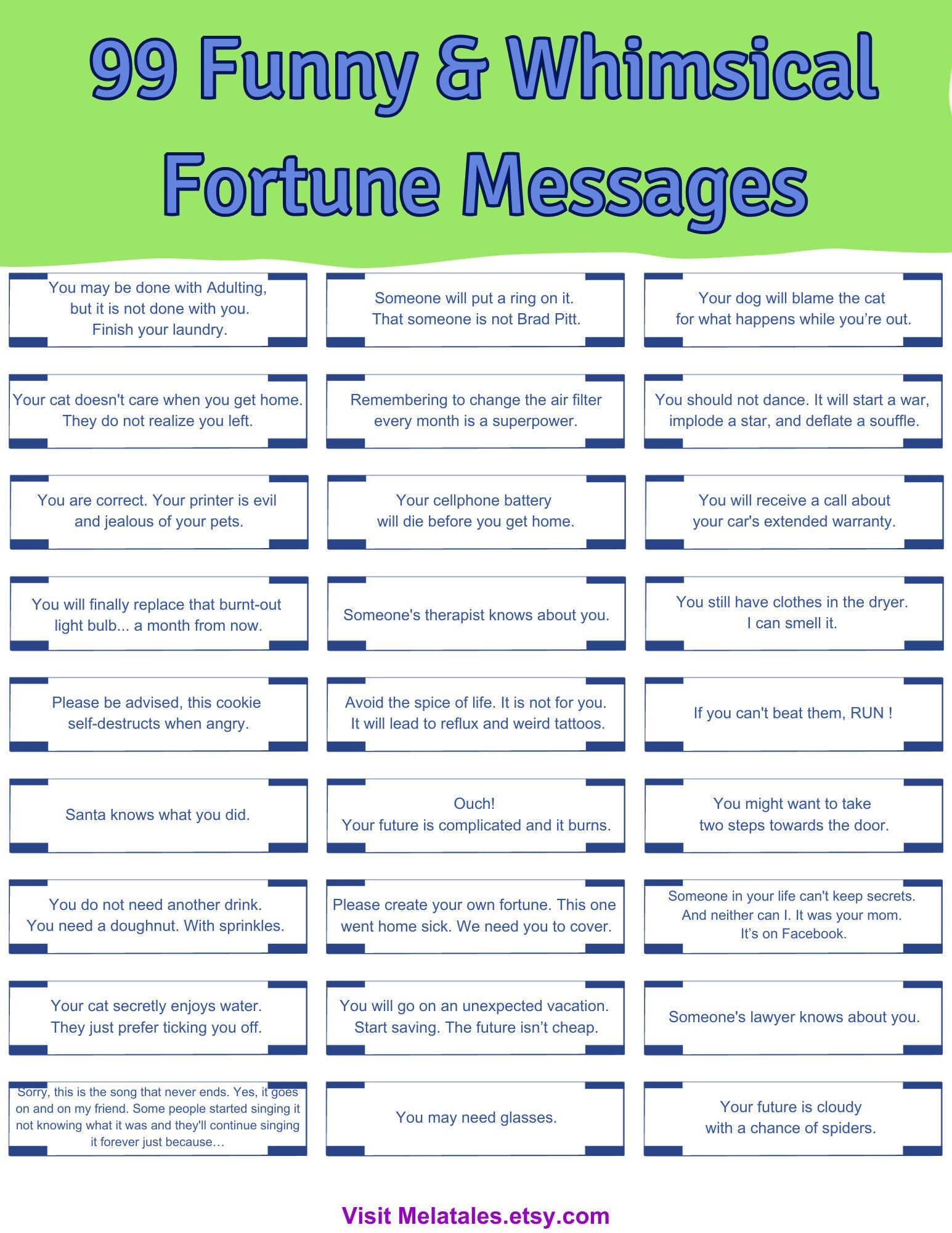 99 Funny Fortune Cookie Messages Digital Download Fun Fortunes and