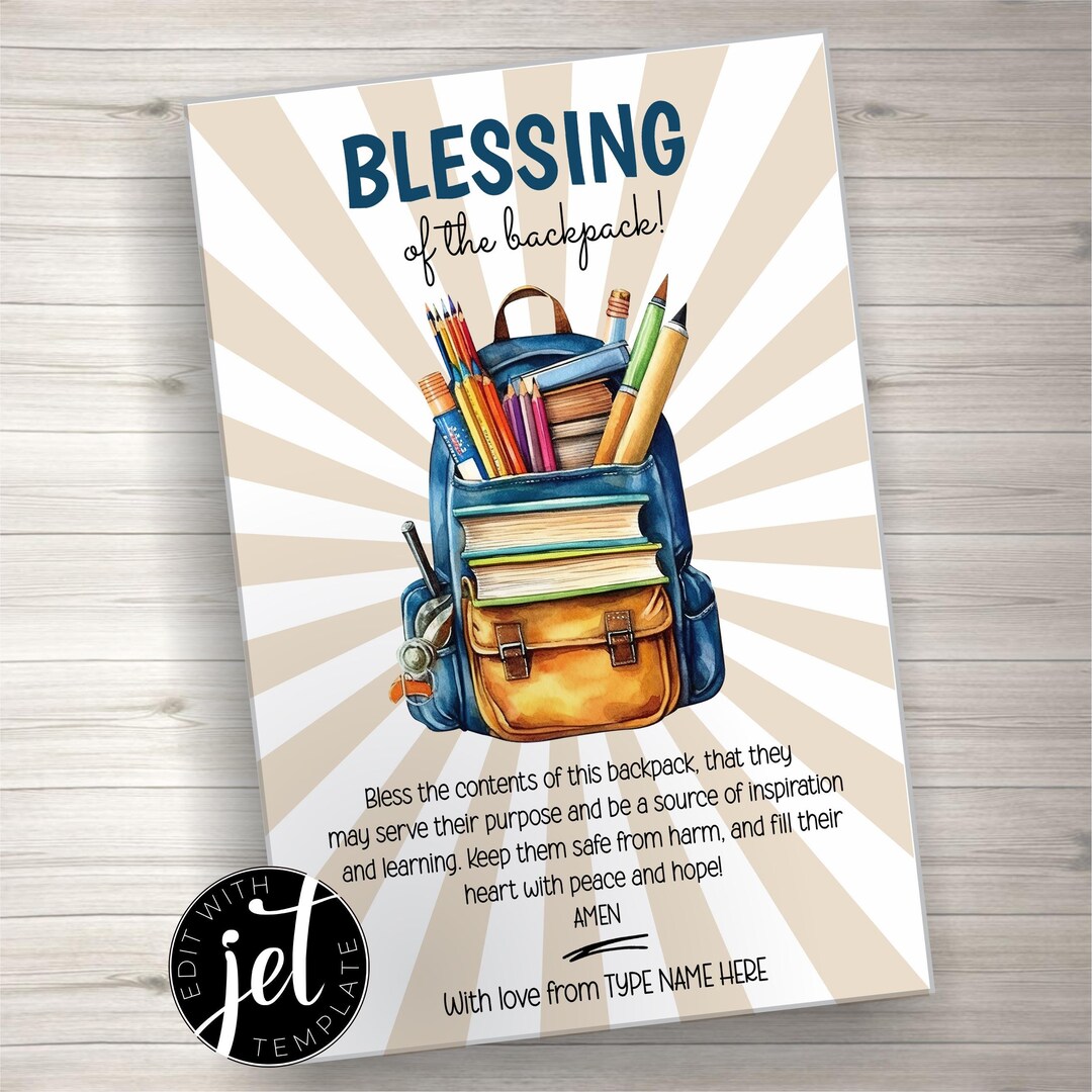 Editable Backpack Blessing Tag Back to School, Printable Gift Card ...