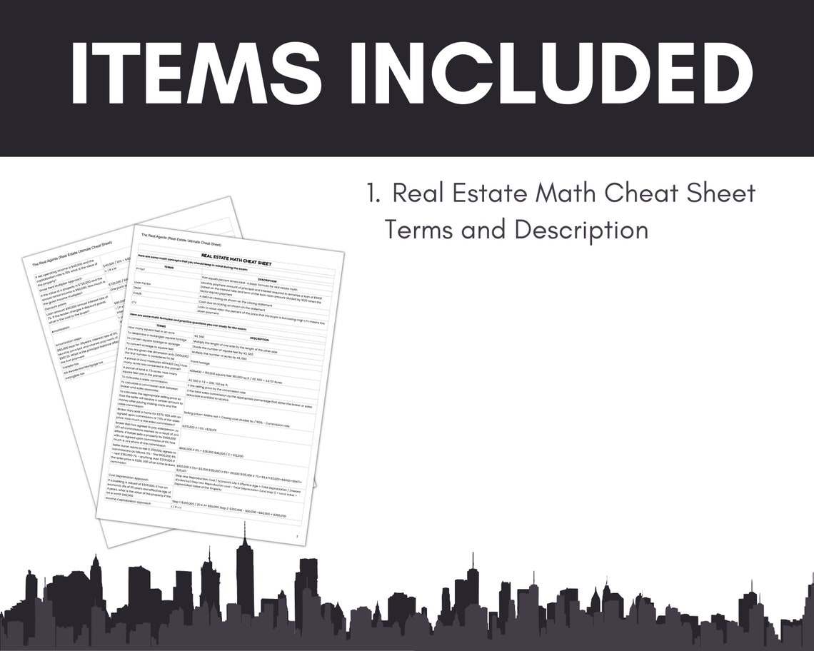 Real Estate Math Cheat Sheet 2 Pages RE Exam Realtor Study Guide Agent