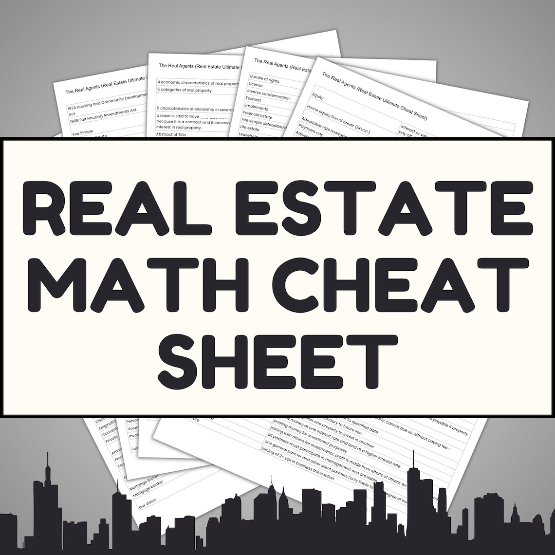 Real Estate Math Cheat Sheet 2 Pages RE Exam Realtor Study Guide Agent