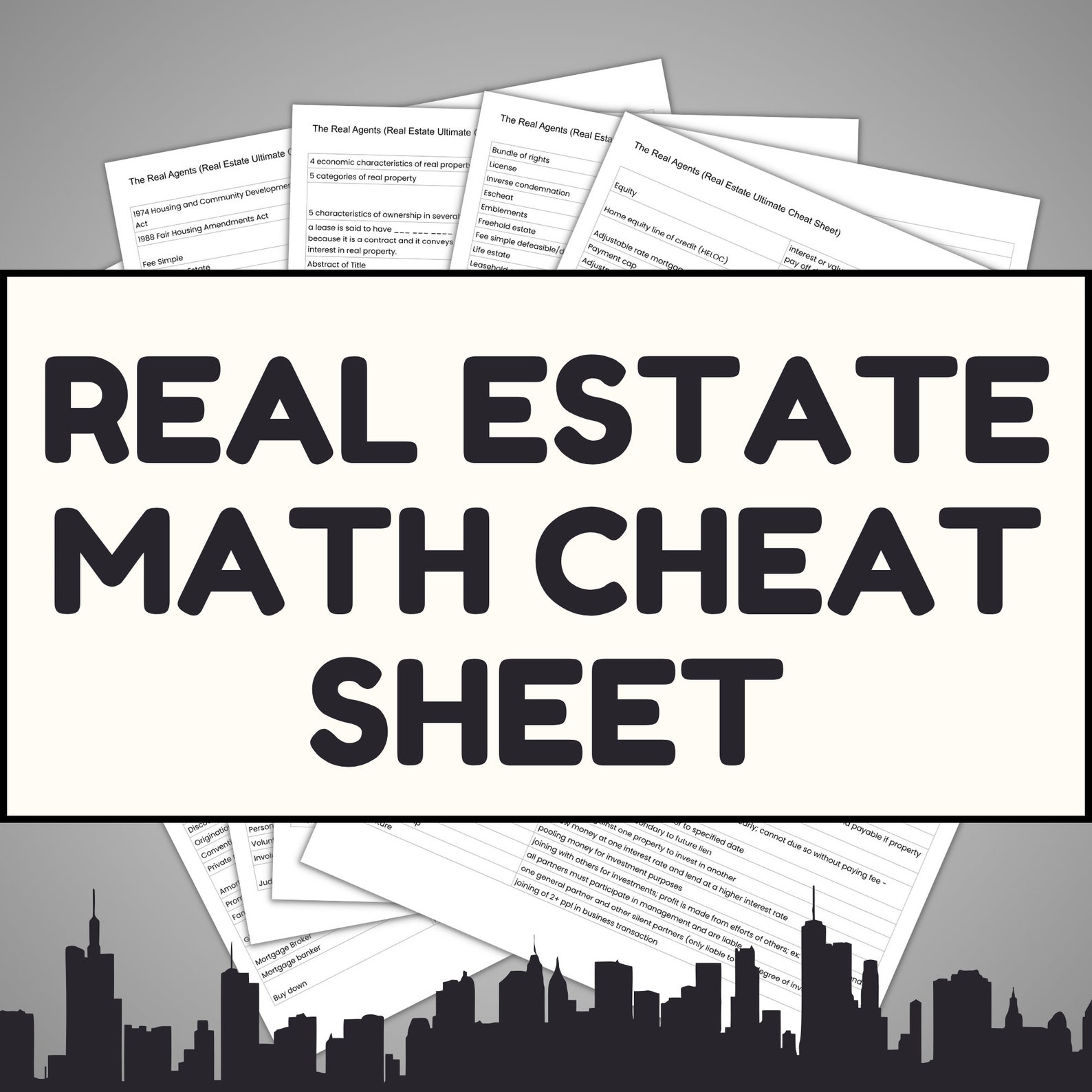 Real Estate Math Cheat Sheet 2 Pages RE Exam Realtor Study Guide Agent