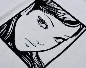 Anime Embroidered Tote Bag - Horror Manga Beauty White/Beige Cotton Shopping Bag