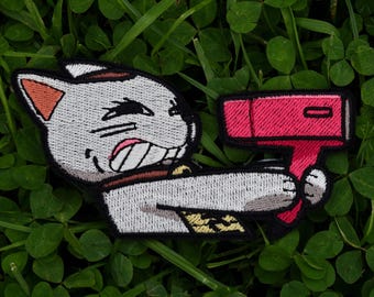 Anime Iron-on Embroidered Patch - Funny Anime Turbo Cat with Dryer meme Badge