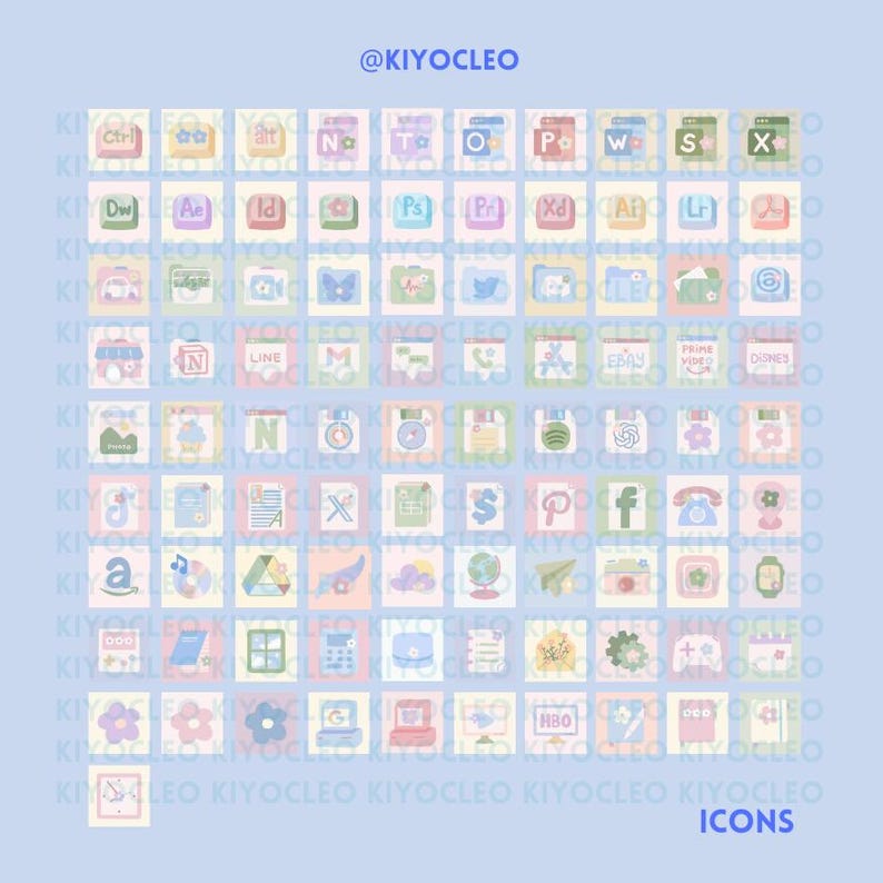 Pu&ograve; includere: Un set di 48 icone di app color pastello con elementi floreali e altri elementi decorativi. Le icone sono disposte in una griglia su uno sfondo blu chiaro. Il testo "@KIYOCLEO ICONS" &egrave; nella parte inferiore dell'immagine.