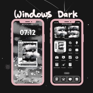 May include: A black and white illustration of a smartphone with a dark mode theme. The phone's screen displays a clock with the time 07:12, a stylized cloud pattern, and a window with the text "Widgetsmith".