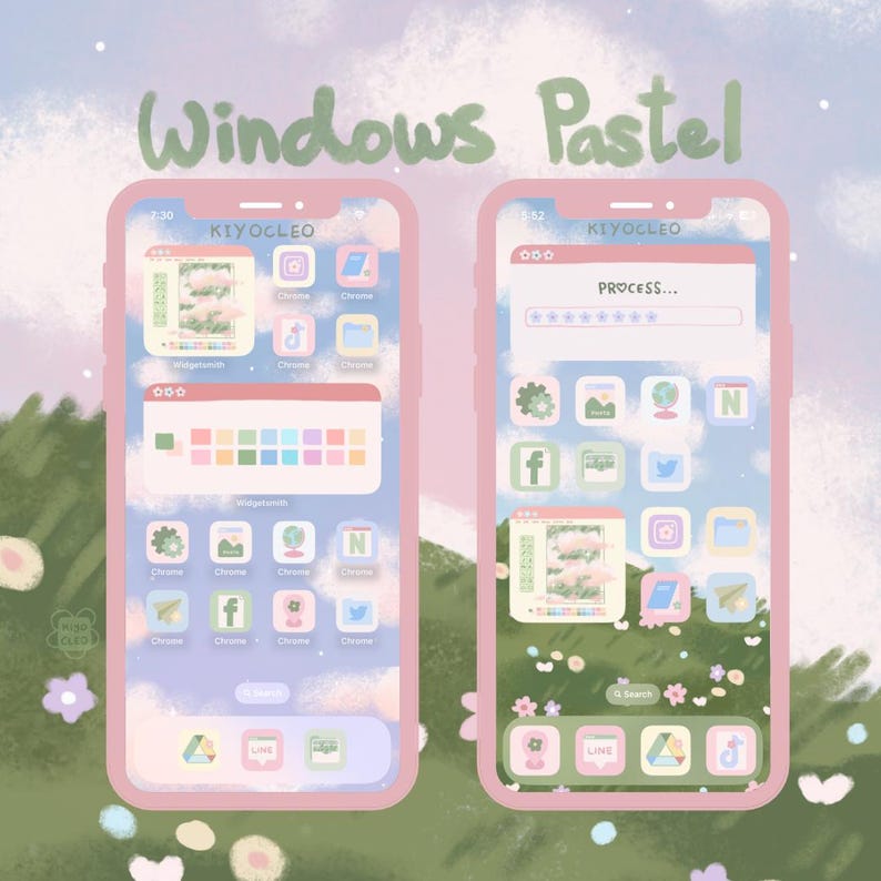 Pu&ograve; includere: Uno schermo di telefono color pastello con un'interfaccia in stile Windows. Lo schermo mostra una variet&agrave; di app, tra cui Chrome, Instagram, Facebook, Twitter e LINE. Lo sfondo &egrave; di un blu tenue con nuvole bianche ed erba verde.