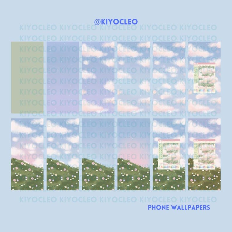 Pu&ograve; includere: Un set di dieci sfondi per telefono che presentano un cielo sfumato con nuvole e una collina verde erbosa con fiori bianchi. Gli sfondi sono in formato griglia con il testo "@KIYOCLEO PHONE WALLPAPERS" in basso.