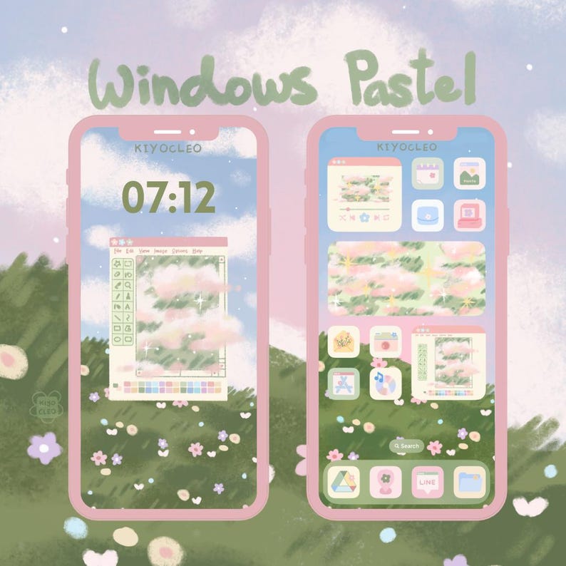 Pu&ograve; includere: Un'illustrazione digitale di uno schermo di telefono con uno schema di colori rosa pastello e verde. Lo schermo mostra un'interfaccia in stile Windows con un orologio che segna le 07:12. Lo sfondo &egrave; un campo verde con fiori rosa e bianchi. Il testo "Windows Pastel" &egrave; visualizzato nella parte superiore dell'immagine.