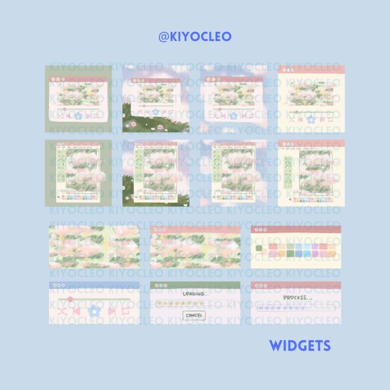 Pu&ograve; includere: Una collezione di widget digitali dai colori pastello con un design di nuvole e fiori. I widget includono una barra di avanzamento, una barra di caricamento e una tavolozza di colori.