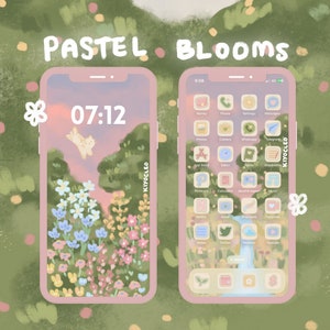 Puede incluir: Un iPhone rosa pastel con un fondo de pantalla floral y un conjunto de iconos rosa pastel a juego. El fondo de pantalla presenta un campo de flores con un cielo de puesta de sol y un gato volando en el aire. Los iconos están dispuestos en una cuadrícula y incluyen aplicaciones como Money, Photos, Camera, WhatsApp, Telegram, App Store, Safari, Notes, Music, Netflix, Gmail, Procreate, FaceTime, Notes, Twitter, Weather y YouTube. El teléfono también tiene una barra de búsqueda y un icono de calendario.