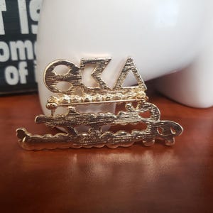May include: A gold-colored pin with the Greek letters Omega, Beta, and Alpha, with the word "Sisterhood" below. The pin is likely a sorority or organization emblem, with a decorative design.