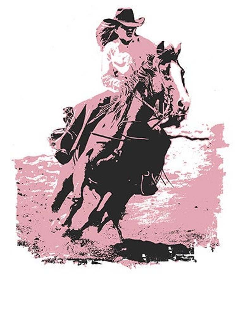 A pink graphic downloadable PNG file of a girl riding a horse in a rodeo