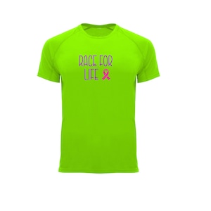 May include: A neon green short-sleeved t-shirt with the text "RACE FOR LIFE" in purple, and a pink ribbon graphic. The shirt is made of a lightweight material, suitable for athletic activities or casual wear.