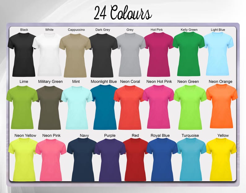 Op de afbeelding: Een display van 24 t-shirts in diverse kleuren, waaronder zwart, wit en grijs, evenals tinten roze, groen en blauw. De tekst "24 Kleuren" staat bovenaan de afbeelding.