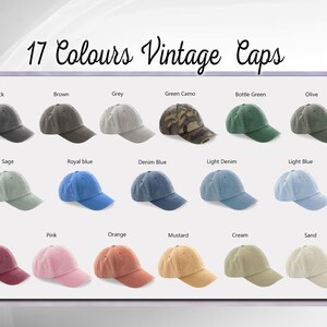 May include: 17 different colors of vintage baseball caps. The caps are arranged in rows of three. The colors include black, brown, grey, green camo, bottle green, olive, sage, royal blue, denim blue, light denim, light blue, red, pink, orange, mustard, cream, and sand.