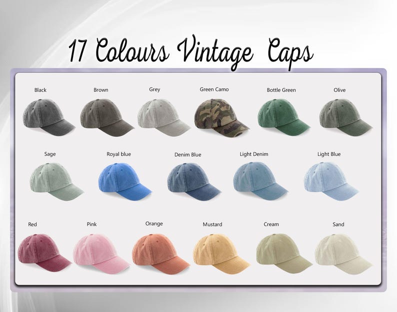 May include: 17 different colors of vintage baseball caps. The caps are arranged in rows of three. The colors include black, brown, grey, green camo, bottle green, olive, sage, royal blue, denim blue, light denim, light blue, red, pink, orange, mustard, cream, and sand.