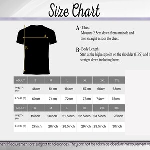 May include: A size chart for adult t-shirts, showing chest and body length measurements. The chart includes measurements in both centimeters and inches, with sizes ranging from S to 3XL. The text at the bottom states that garment measurements are subject to tolerances.