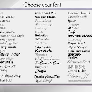 May include: A white background displays a list of font styles. The text "Choose your font" is at the top. Font names include Arial Black, Cooper Black, Lobster, and Unicorn. The image is a reference for font selection.