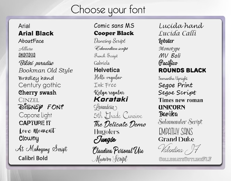 May include: A white background displays a list of font styles. The text "Choose your font" is at the top. Font names include Arial Black, Cooper Black, Lobster, and Unicorn. The image is a reference for font selection.