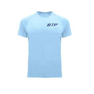 May include: A light blue short-sleeved athletic shirt with the text "BTP" in dark blue on the chest. The shirt has a crew neck and raglan sleeves. The fabric appears to be a lightweight, breathable material.