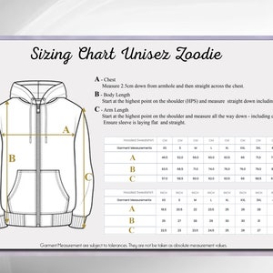 May include: Sizing chart for a unisex hoodie with measurements in inches and centimeters. The chart shows the chest, body length, and arm length measurements for sizes XS to 4XL.