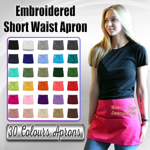 Personalised Embroidered Short Apron, any name or logo, Custom short apron with embroidery,Short bar apron with pockets, cocktail bar apron