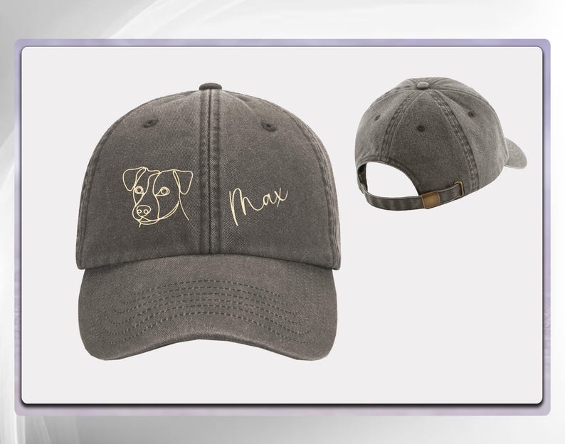 May include: A dark gray, adjustable, cotton baseball cap with a line drawing of a dog and the name "Max" embroidered in gold thread.
