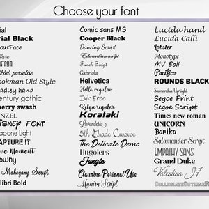 May include: A list of different font names in black text on a light purple background. The text "Choose your font" is at the top of the image.