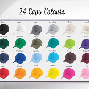 May include: A chart showing 24 different colors of baseball caps. The colors include black, white, grey, light grey, cream, natural, bottle green, kelly green, olive, emerald, lime, purple, navy, royal blue, light blue, turquoise, brown, burgundy, red, orange, gold, yellow, hot pink, and pink.