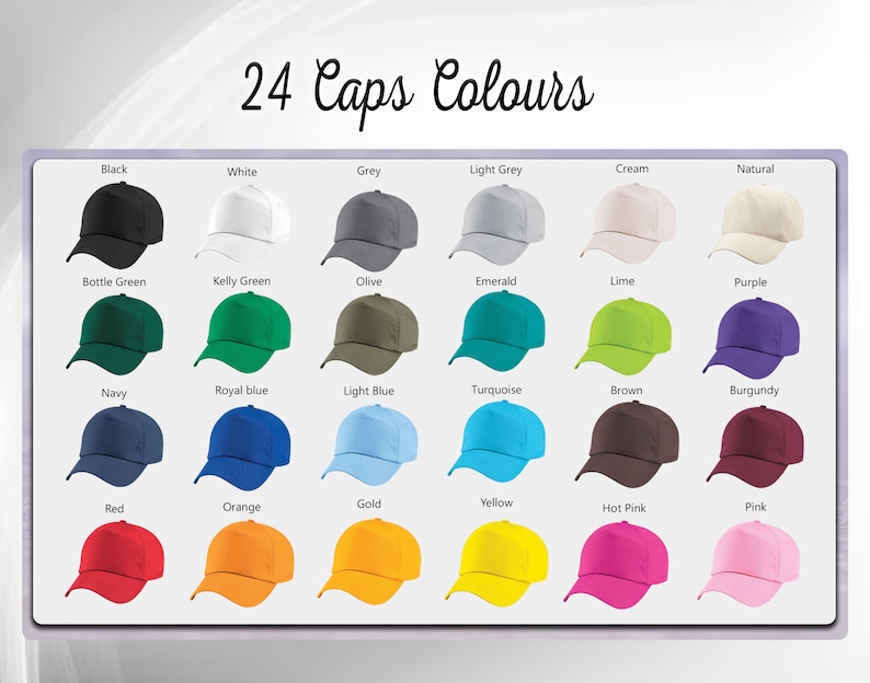 May include: A chart showing 24 different colors of baseball caps. The colors include black, white, grey, light grey, cream, natural, bottle green, kelly green, olive, emerald, lime, purple, navy, royal blue, light blue, turquoise, brown, burgundy, red, orange, gold, yellow, hot pink, and pink.