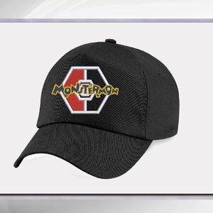 May include: Black baseball cap with a white and red hexagon logo that says "Monstermon" in yellow letters.