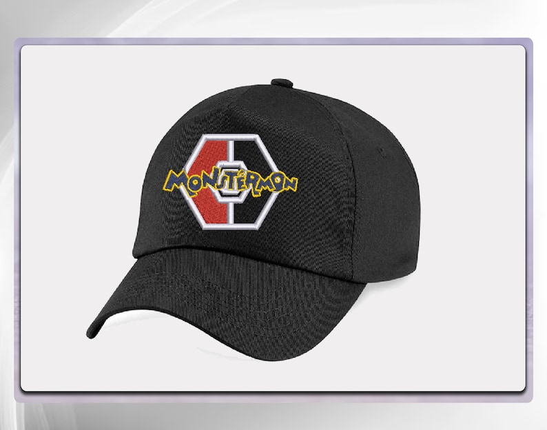 May include: Black baseball cap with a white and red hexagon logo that says "Monstermon" in yellow letters.