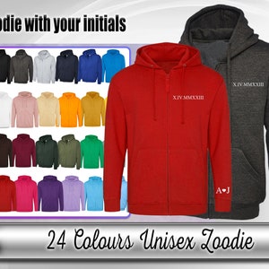 May include: A red and gray unisex hoodie with a zipper closure. The hoodie has a hood with a drawstring and two pockets. The hoodie is available in 24 colors. The text "XIV.MMXXIII" is embroidered on the hoodie.