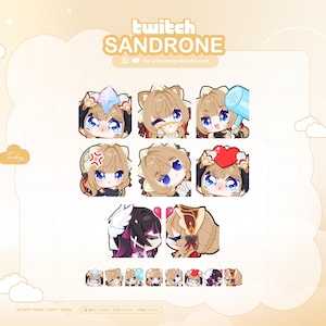 May include: A collection of digital chibi-style character emotes featuring various expressions and accessories, including a blue crystal, a light blue hammer, and a red heart. The text TWITCH SANDRONE is displayed at the top of the graphic.
