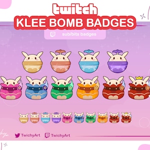 Puede incluir: Un conjunto de 12 insignias de Twitch sub/bits con un personaje de dibujos animados que se parece a Klee de Genshin Impact. Las insignias son de varios colores y diseños, incluyendo rosa, azul, verde, amarillo y rojo. Las insignias están dispuestas en tres filas de cuatro. El texto "KLEE BOMB BADGES" está en la parte superior de la imagen, y el texto "sub/bits badges" está debajo.