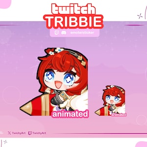 May include: Animated Twitch emote sticker featuring a red-haired anime character with blue eyes, wearing a white and gold outfit, holding a red and gold object. The text "animated" appears below the character.