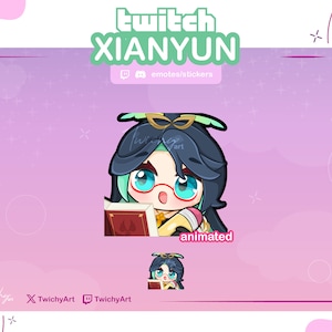 May include: Animated Twitch emote featuring a cartoon character with blue hair, green eyes, and glasses, wearing a yellow and green outfit, holding a book with a red cover. The text "animated" is below the character.