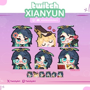 May include: A set of six animated Twitch emotes featuring a cartoon character with blue hair, green eyes, and glasses. The character is wearing a green and gold outfit and has different expressions, including angry, surprised, and blushing. The emotes are labelled "animated" and are available on TwitchyArt.