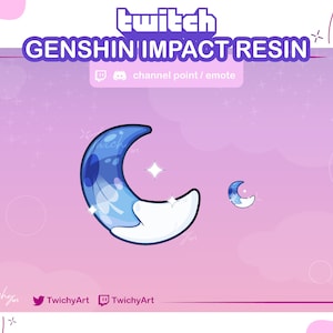 Puede incluir: Una luna creciente azul y blanca con un efecto brillante, un punto de canal Twitch/emote para Genshin Impact Resin. El texto "Genshin Impact Resin" está por encima de la luna y "TwitchyArt" está por debajo de la luna.
