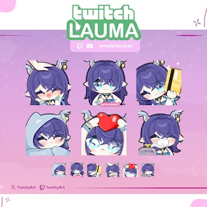 Puede incluir: Un conjunto de emotes de Twitch con un personaje de pelo morado y varias expresiones. Los emotes incluyen el texto "LAUMA" y "emote/sticker". El fondo es de color púrpura claro con estrellas.