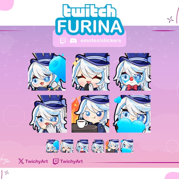 Furina Focalors 6 Emotes pack for Twitch / Discord Stickers / Youtube | Genshin Impact Emotes