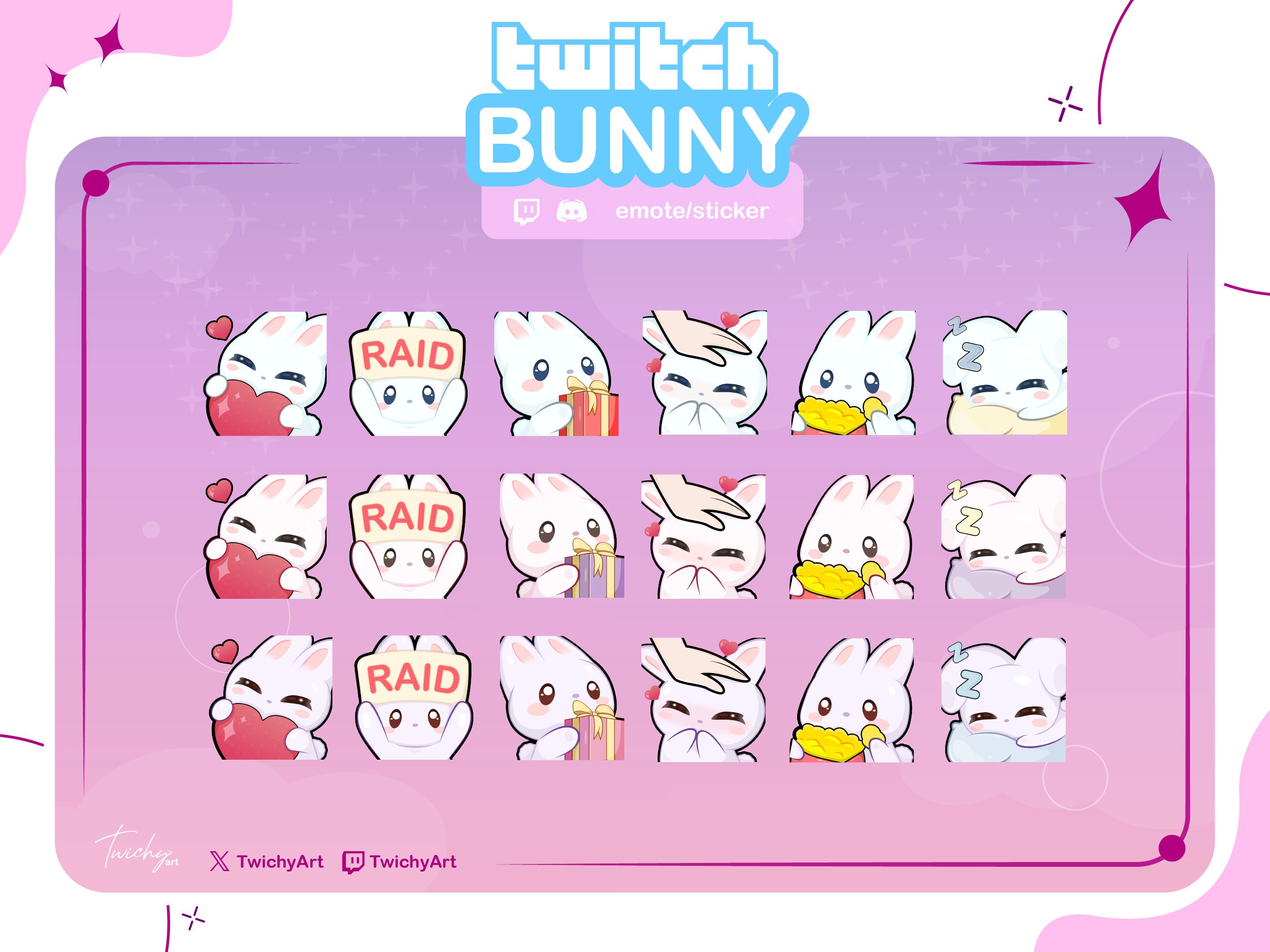 6 Cute Bunny Emotes in 3 Different colors! For Twitch / Discord / Youtube
