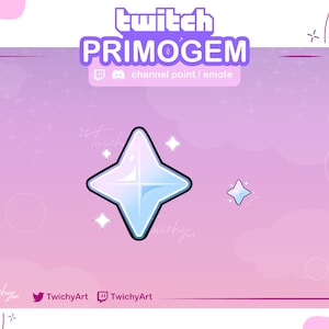 Op de afbeelding: Een roze en witte gradiëntachtergrond met een blauwe en witte ster in het midden. De ster is omringd door kleine witte sterren. De tekst "twitch PRIMOGEM" staat bovenaan de afbeelding. De tekst "channel point / emote" staat onder de tekst "PRIMOGEM". De tekst "TwitchyArt" staat onderaan de afbeelding.