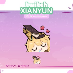 May include: A pink and purple background with a cartoon character with yellow hair and a pink blush. The character is wearing a brown hat and a brown and gold shoe is on top of their head. The text "twitch XIANYUN" is at the top of the image.