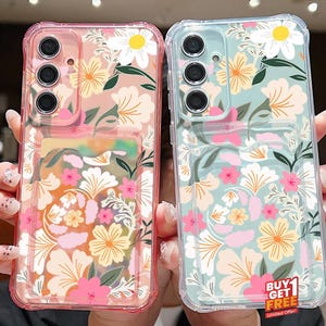 Funda con diseño de flores rosas para Samsung Galaxy S24, S23, S22 y S25 Ultra con ranura para tarjetas (Compra 1 y llévate 1 gratis)